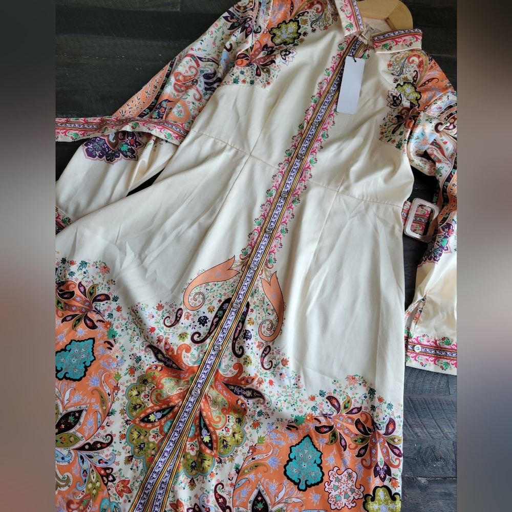 Souk + Sepia Button Belted Boho Western Dresss NWT Paisley Print Designer - Picture 7 of 11